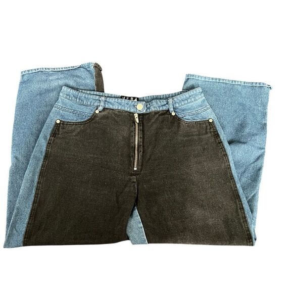 Veda New Eclipse Colorblock High Rise Wide Leg Two Tone Jeans Black Blue 10 - Picture 4 of 9